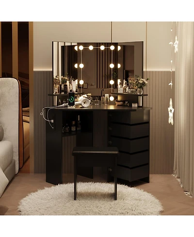 Homfan Corner Makeup Vanity Desk with Led Mirror