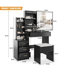 Homfan Modern Vanity Desk with Sliding Led Mirror, 4 Drawers, Power Outlet, Storage Shelves, Adjustable Lighting, Cushioned Stool