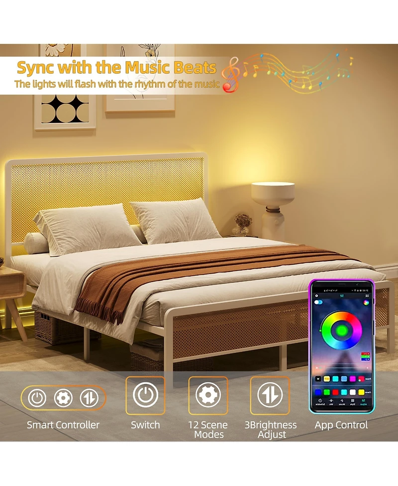 Homfan Bed Frame with Led Lights and Rattan Headboard, Modern Platform Bed