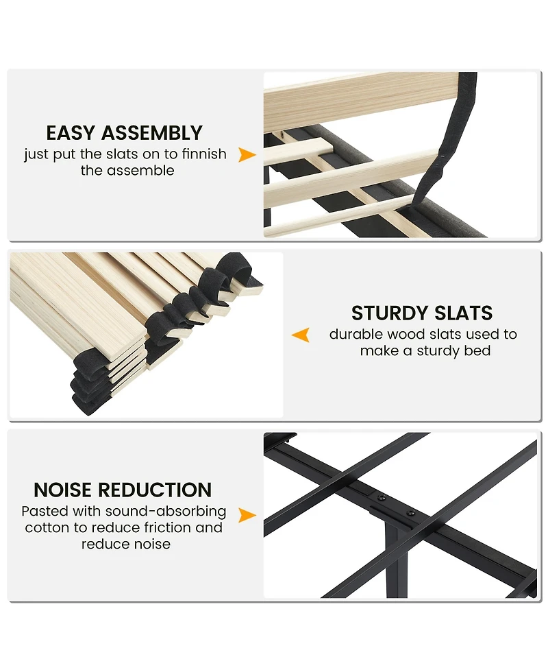 Homfan Queen Size Bed Frame with Adjustable Headboard, Upholstered Platform Bed with Wooden Slat