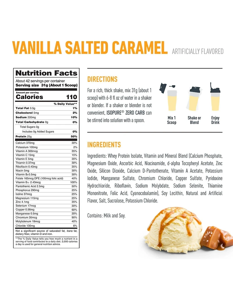 Isopure Zero Carb, Vitamin C and Zinc for Immune Support, 25g Protein, Keto Friendly, Whey Protein Isolate, Vanilla Salted Caramel, 3 Pounds