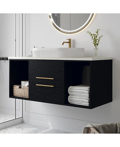 Busdays 39.4 Inch Wall Mounted Modern Bathroom Vanity with Oval Ceramic Sink Floating Multi Layer Wood Cabinet Soft Close Drawers Open Shelf Storage