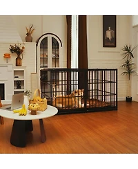 6thdruple 60" Dog House Crate, Heavy Duty Metal Kennel with Roof Door, Removable Trays and Mat