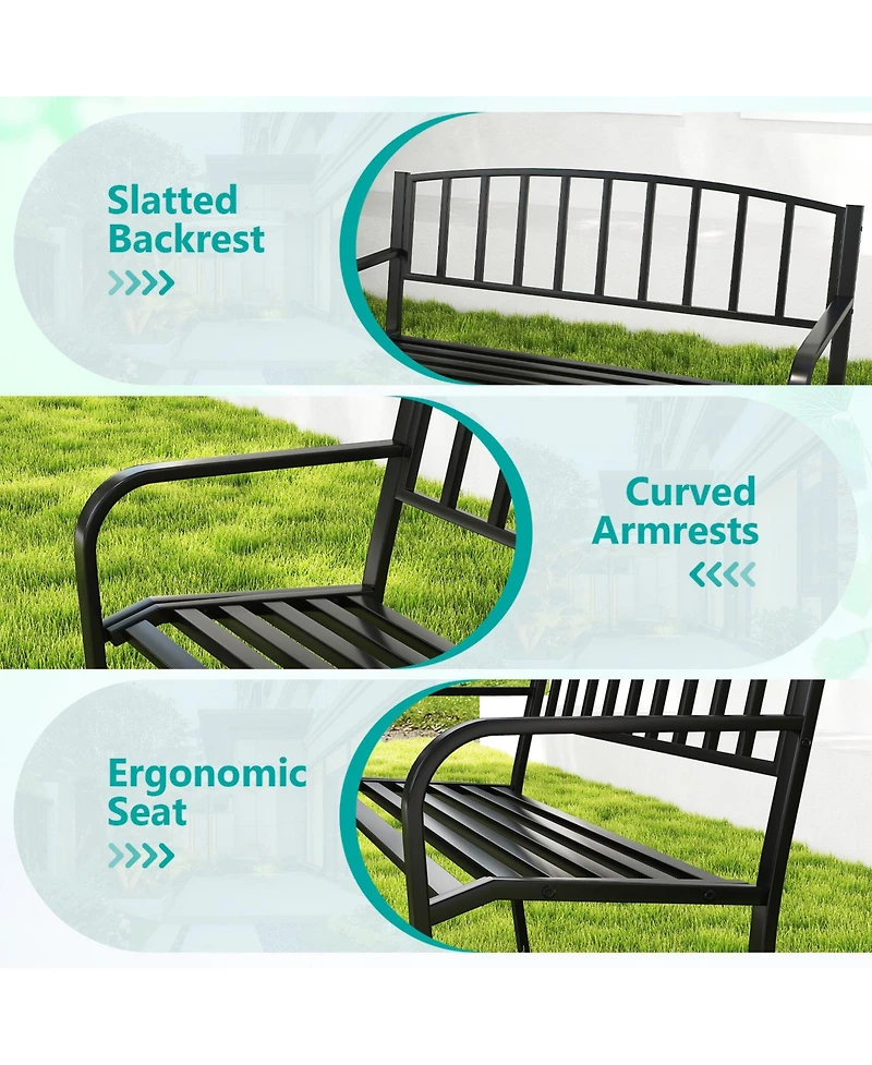 Sugift 50 in Outdoor Garden Bench with Slatted Back and Curved Armrests