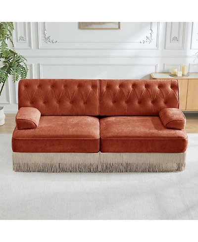 Rainsken Velvet Loveseat Sofa, Mid-Century Inspired Upholstered Couch with Button Tufted Back and Floor-Grazing Tassel Skirt Living Room