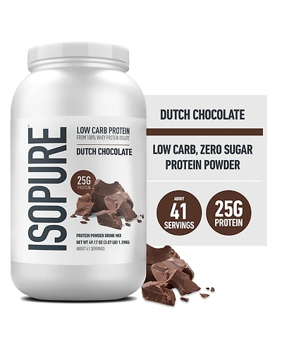 Isopure Low Carb Pure Whey Isolate Protein Powder, Lactose Free, Gluten Free, Vitamins, Dutch Chocolate, 25g Protein Per Serving, 41 Servings