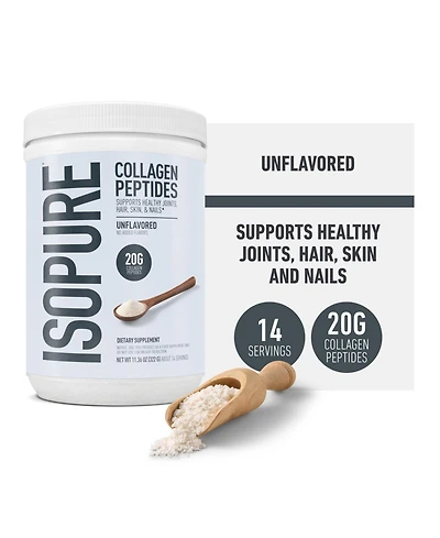 Isopure Collagen Peptides Powder, Promotes Hair, Nail, Skin and Joint Health, with Vitamin C and Biotin, Unflavored, 14 Servings