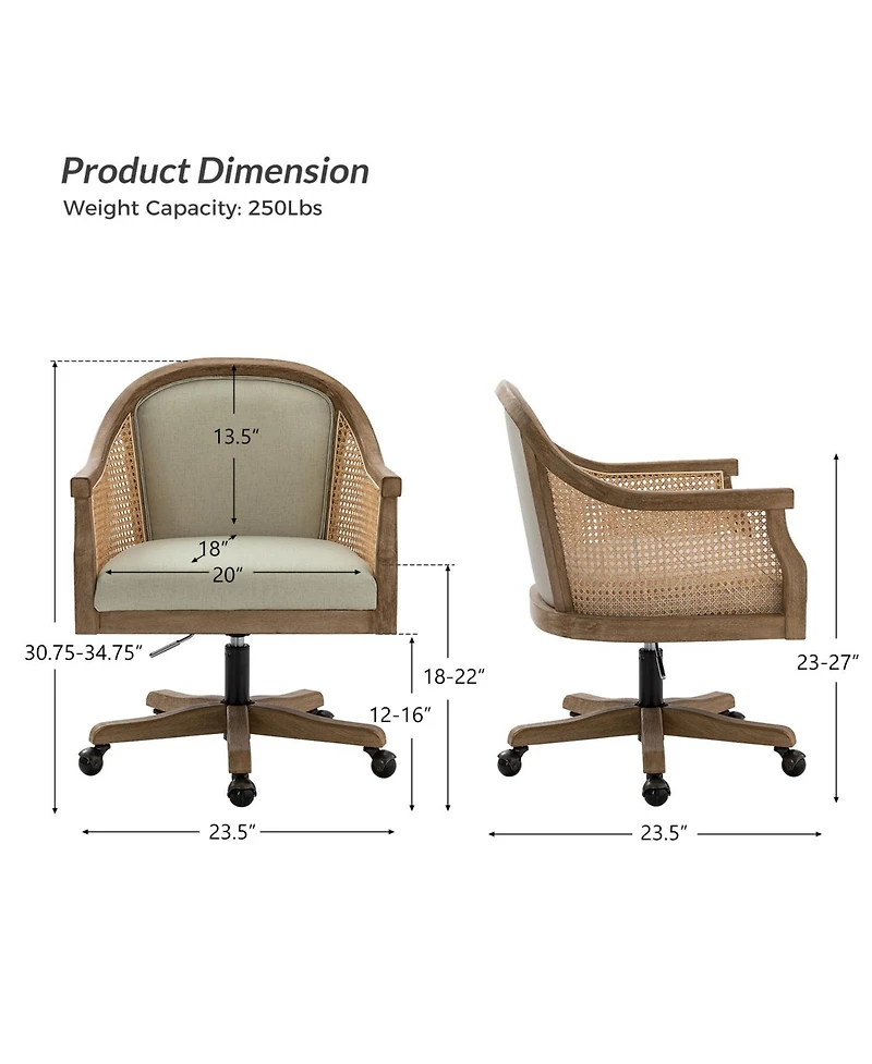 Hulala Home Ackeron Farmhouse Rattan Upholstered Office Task Chair with Solid Wood Arms