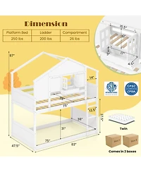 Gouun Twin Over Twin House-Shaped Bunk Bed with Roof, Lockable Window and Storage
