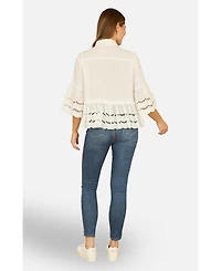 Yumi Women's 34 Sleeve Relaxed Scallop Trim Shirt