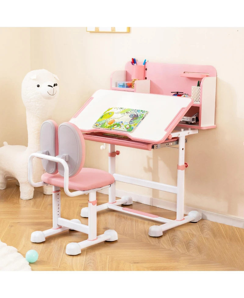 Gouun Kids Height-Adjustable Study Desk and Chair with Tilt Desktop and Pen Holder