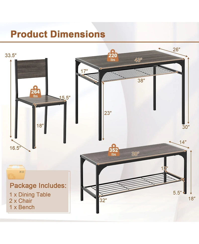 Gouun Industrial 4-Piece Dining Set with Rectangular Table, Bench, and 2 Chairs