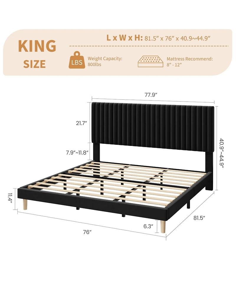 Homfan Velvet Bed Frame, Vertical Channel Tufted Headboard, Height Adjustable, Upholstered Platform Bed