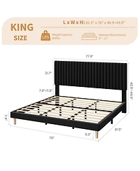 Homfan Velvet Bed Frame, Vertical Channel Tufted Headboard, Height Adjustable, Upholstered Platform Bed