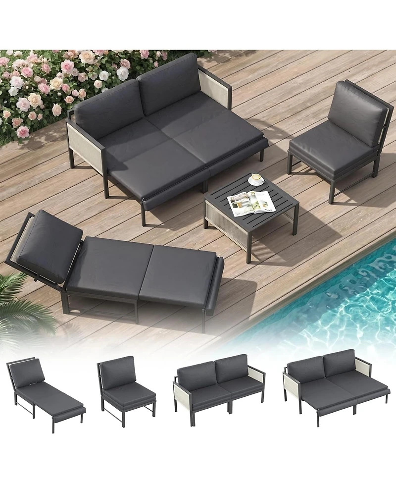 Aecojoy Aluminum Patio Furniture Set 5/4 Seats Outdoor Sectional Couch with Coffee Central Table