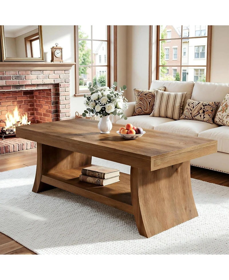 Tribesigns Farmhouse Coffee Table with Storage Shelf, 47.2" Mid Century Modern Solid Wood Coffee Tables with Curved Base