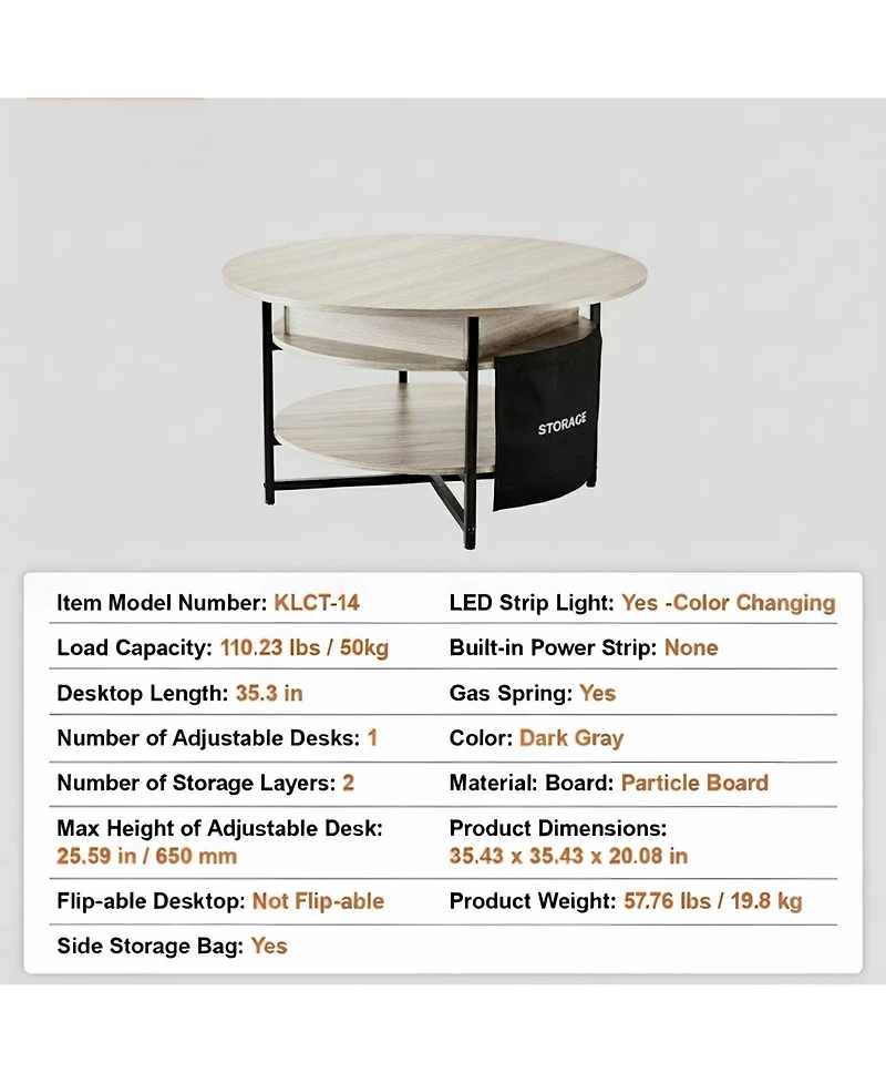Gouun 35-Inch Round Lift Top Coffee Table with Gas Spring and Storage