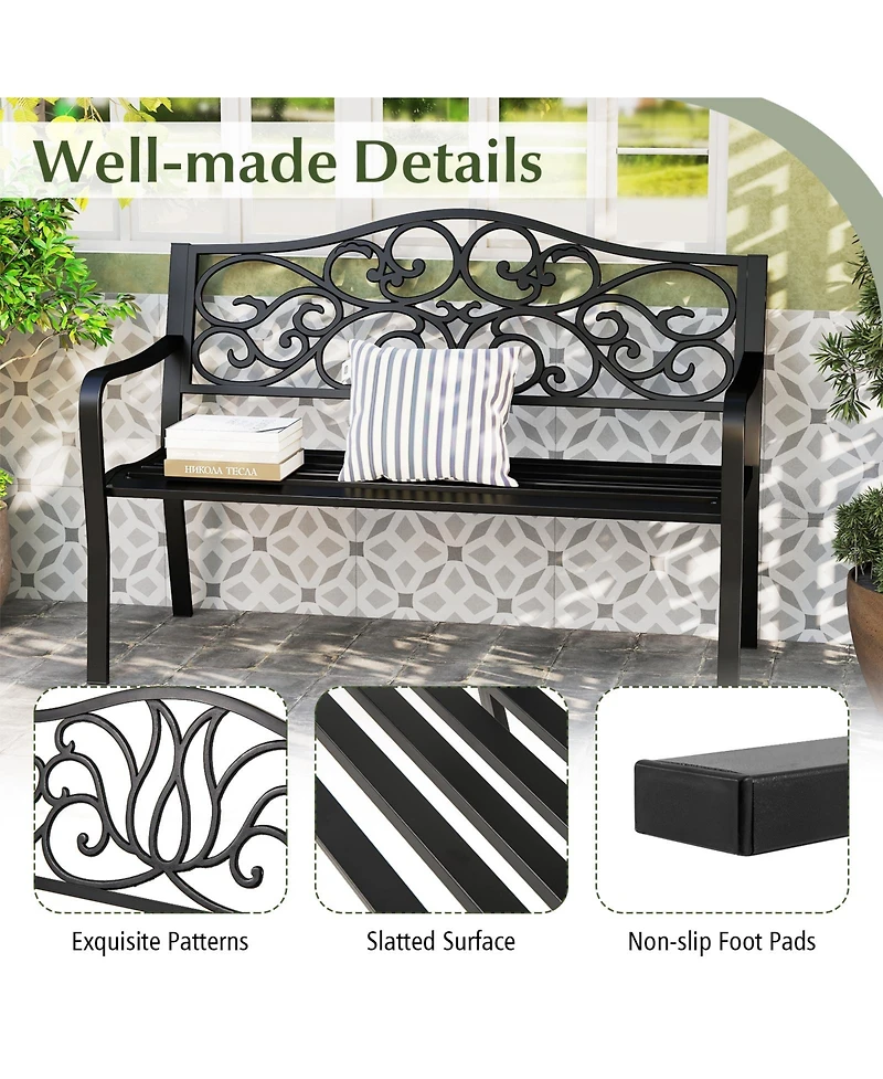 Sugift 50 in Outdoor Garden Bench with Floral Backrest and Slatted Seat