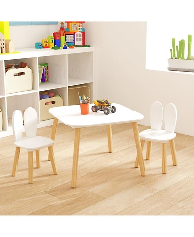 Rainsken 3 Piece Wood Table and Chair Set, w/ 2 Rabbit Themed Chairs, Wood Activity Table Drawing Play Table Set, Age 2-6 Boys Girls