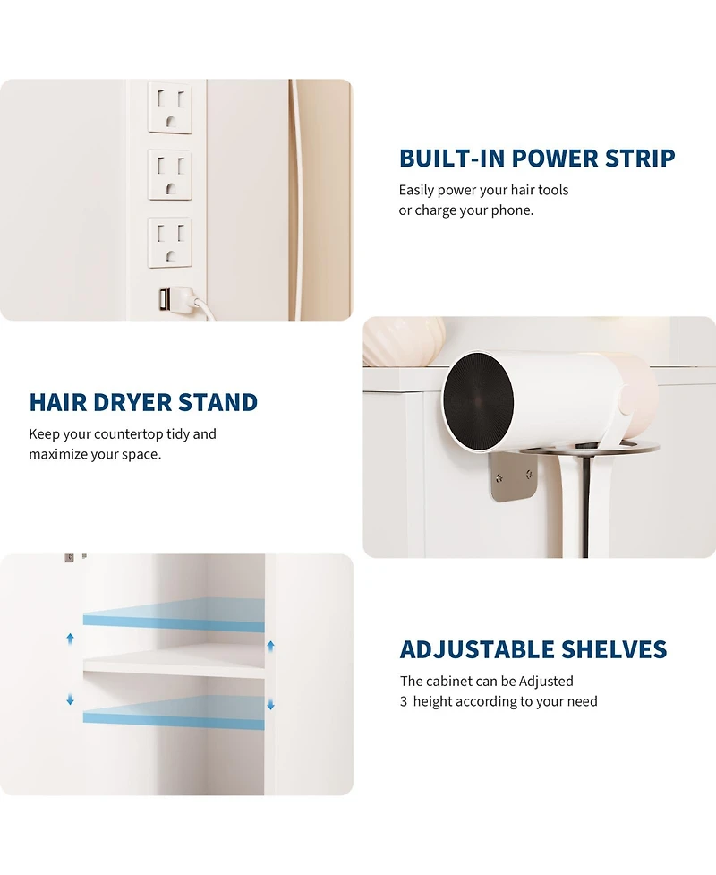 Homfan Vanity Desk with Mirror and Lights, Large Makeup Vanity Table with Power Outlet and Stool, Vanity Dressing Table for Bedroom Dressing Room