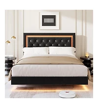 Homfan Floating Upholstered Bed Frame with Led Diamond Headboard and Wood Slats, Available Full, Queen, King