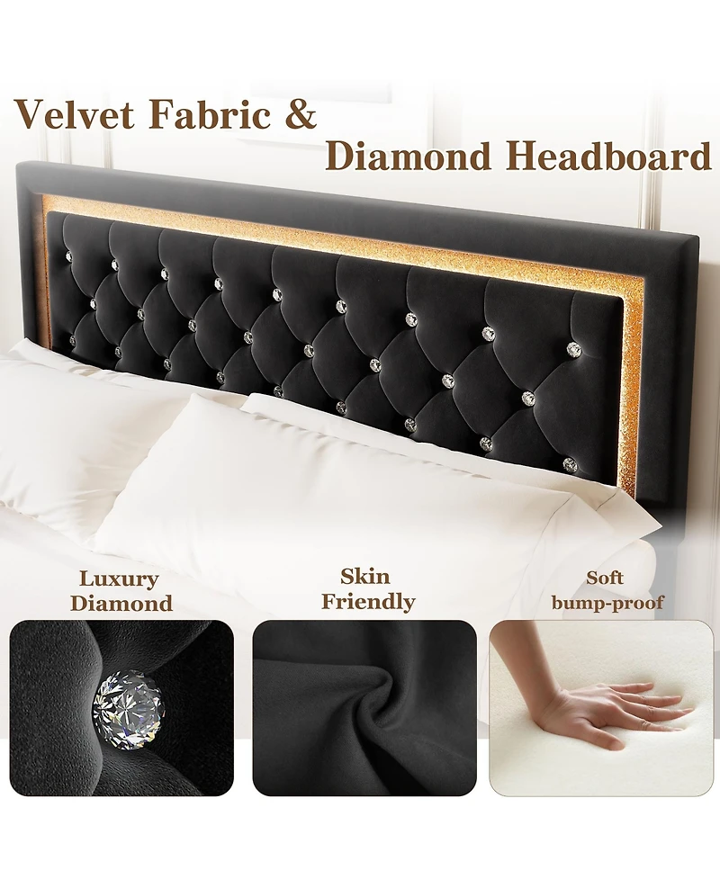 Homfan Floating Upholstered Bed Frame with Led Diamond Headboard and Wood Slats, Available Full, Queen