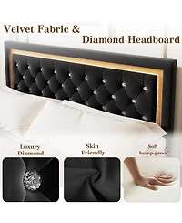 Homfan Floating Upholstered Bed Frame with Led Diamond Headboard and Wood Slats, Available Full, Queen