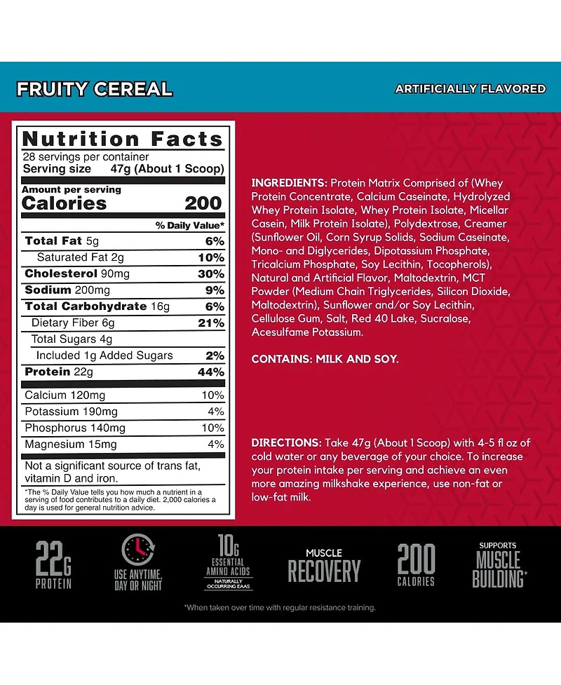 Bsn Syntha-6 Premium Protein Powder with 6g of Fiber, Whey Protein, Micellar Casein, Milk Protein Isolate Blend, 5g Fat, Fruity Cereal, 28 Servings