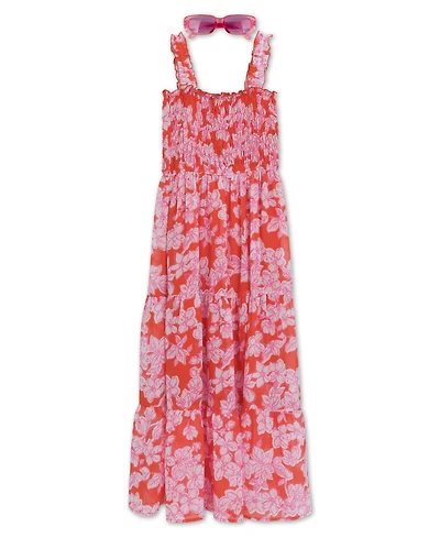 Speechless Girls' 8-16 Maxi Smocked Bodice Tier Dress with Sunglass