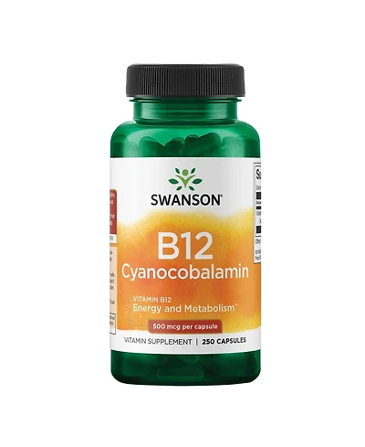 Swanson Vitamin B12 Cyanocobalamin 500mcg Each, 250 Capsules Energy, Nervous System, and Overall Wellness Support