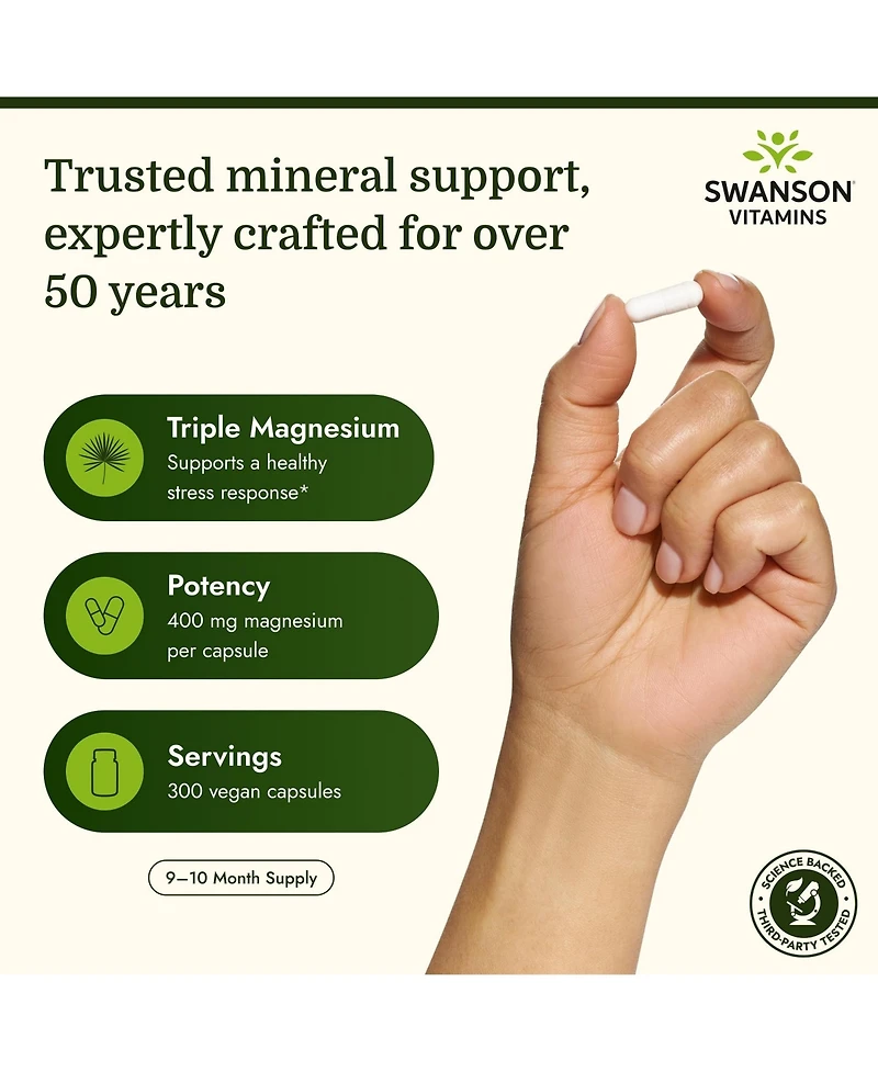 Swanson Triple Magnesium 400mg 300 Capsules Complex Supplement with Citrate, Oxide and Aspartate for Bone Health and Optimal Absorption