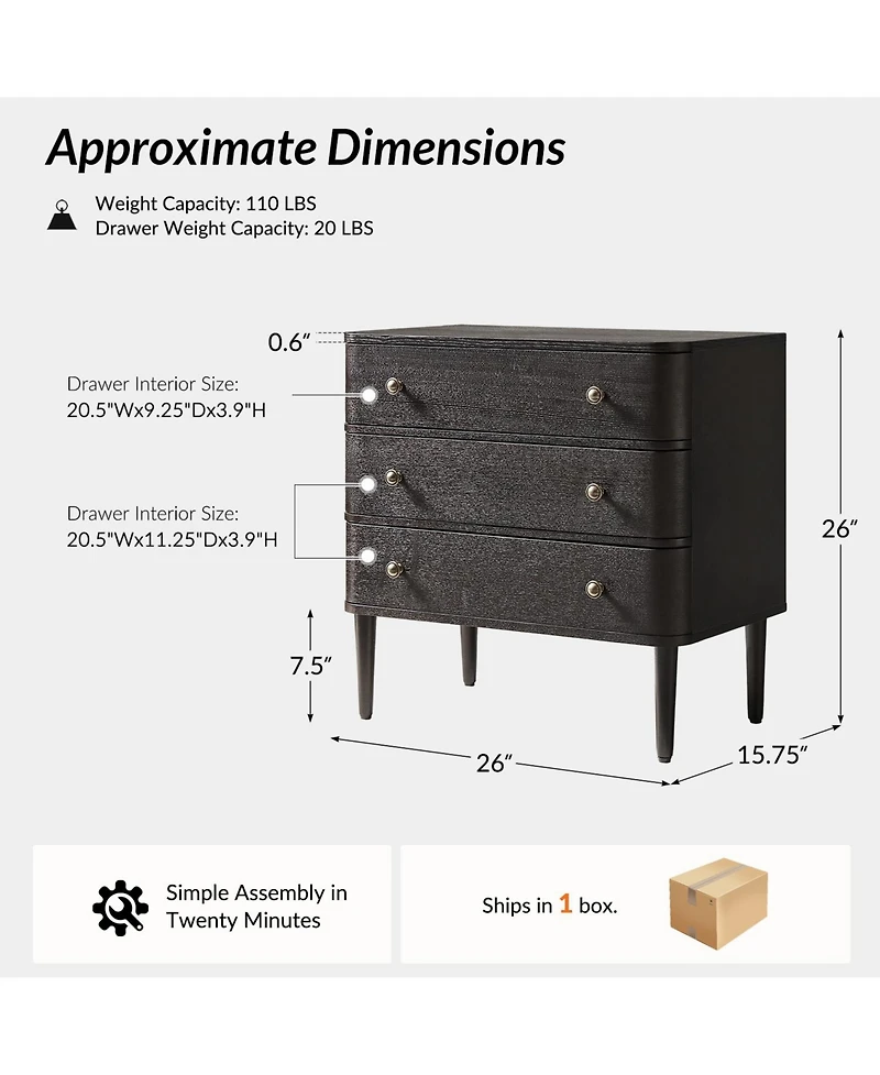 Hulala Home Cridford Modern 3-Drawer End Table and Curved Body with Solid Wood Legs Built-in Outlet