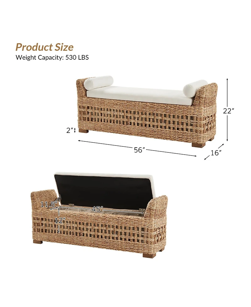 Hulala Home Anesty Flip Compartment Storage Rattan Upholstered Bench with Two Pillows and Solid Wood Feet