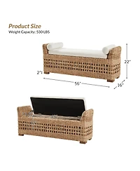 Hulala Home Anesty Flip Compartment Storage Rattan Upholstered Bench with Two Pillows and Solid Wood Feet