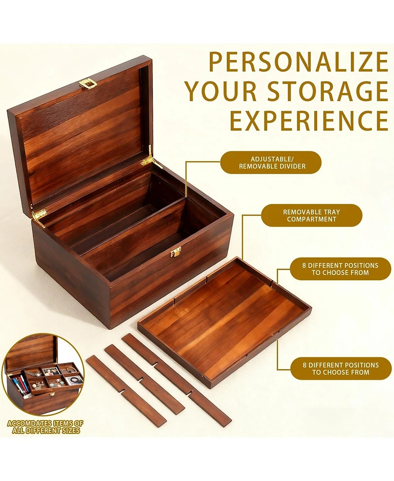 Yigii Large Wooden Storage Box with Adjustable Tray Removable Divider Keepsake Organizer for Trinkets Photos Gifts
