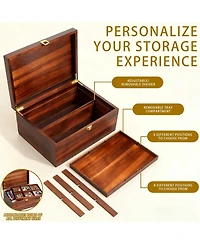Yigii Large Wooden Storage Box with Adjustable Tray Removable Divider Keepsake Organizer for Trinkets Photos Gifts