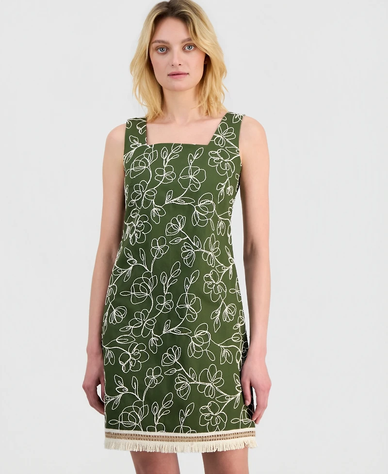 Tahari Asl Women's Embroidered Cotton Fringe-Hem Dress