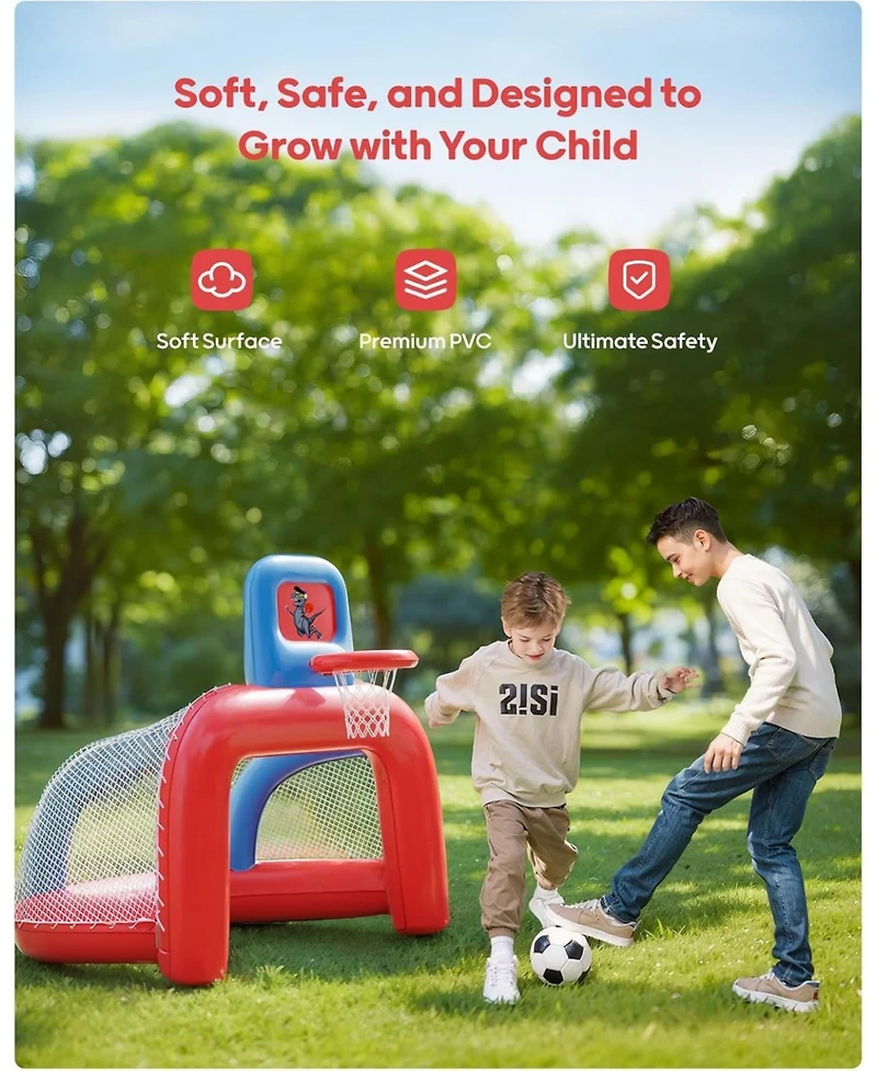 Qpau 2-in-1 Inflatable Toddler Basketball Hoop and Soccer Goal Set, Indoor Outdoor Sports Center Toys