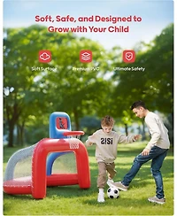 Qpau 2-in-1 Inflatable Toddler Basketball Hoop and Soccer Goal Set, Indoor Outdoor Sports Center Toys