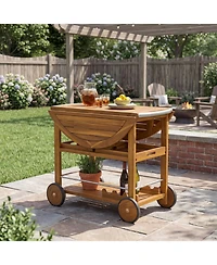 Flynama Outdoor Acacia Wood Bar Cart with Foldable Top and Removable Trays