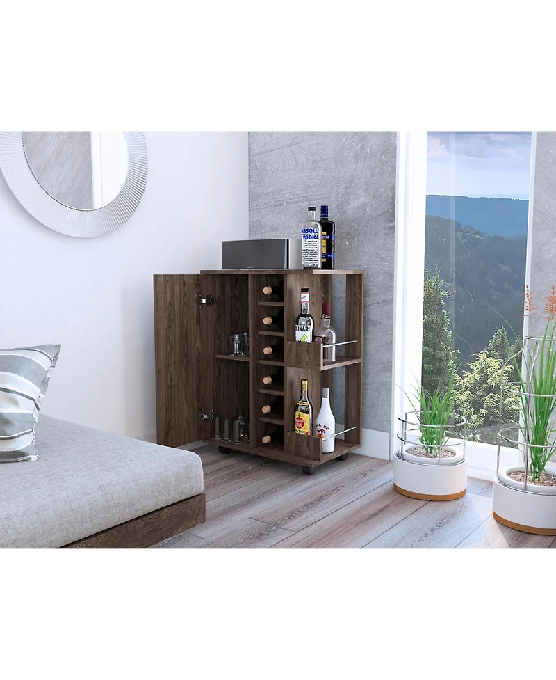 Flynama Dark Walnut 2-Shelf 6-Bottle Bar Cart with Division