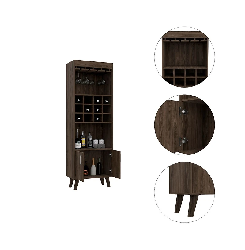 Flynama Dark Walnut Bar Cabinet with 12 Built-in ack, Double Door and 9-Glass Stemware Rack