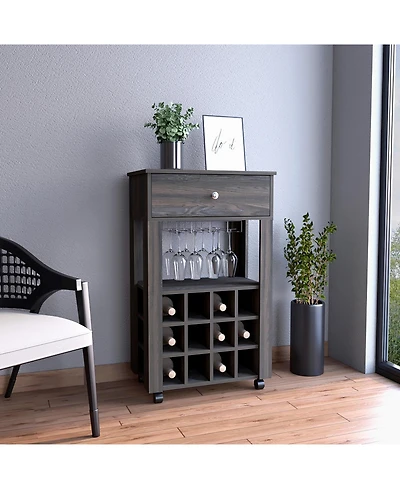 Flynama Espresso Bar Cart with 12 Built-in Rack, 8-Glass Rack and Spacious Drawer