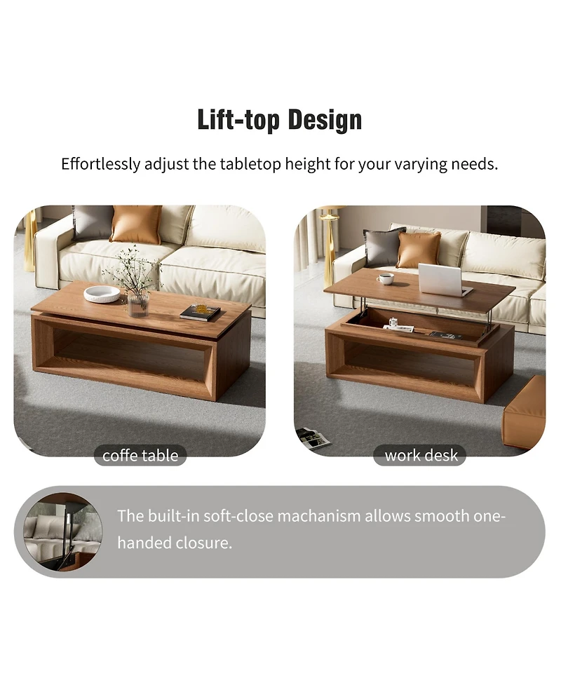 Rainsken 43.3'' Adjustable Lift Top Coffee Table, Rectangular Living Room Center Table with Hidden Storage and Solid Wood Veneer Finish for Office