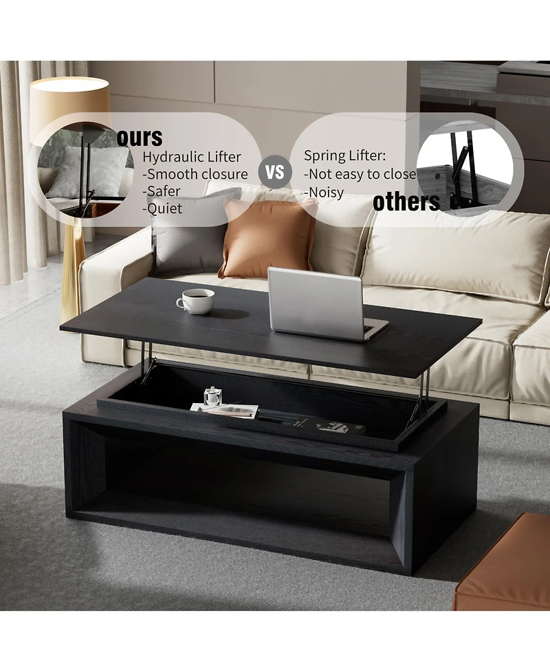 Rainsken Modern Lift-Top Coffee Table 43.3 Inches, Multi-Functional Rectangle Table with Height Adjustment and Storage Compartment for Living Room