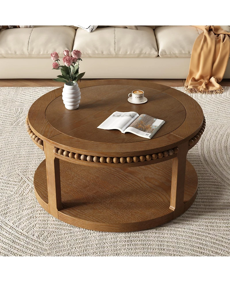 Rainsken Round Coffee Table, 2-Tier Solid Wood Center Table with Ball-Joint Beaded Edge and Sturdy Legs for Living Room, Office