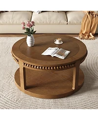 Rainsken Round Coffee Table, 2-Tier Solid Wood Center Table with Ball-Joint Beaded Edge and Sturdy Legs for Living Room, Office