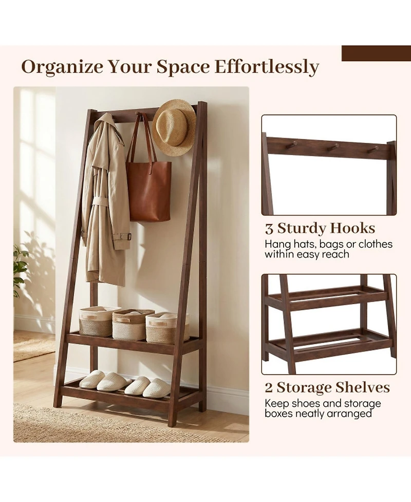 Gouun Freestanding Solid Rubber Wood Coat Rack with 3 Hooks and 2 Shelves