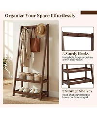 Gouun Freestanding Solid Rubber Wood Coat Rack with 3 Hooks and 2 Shelves