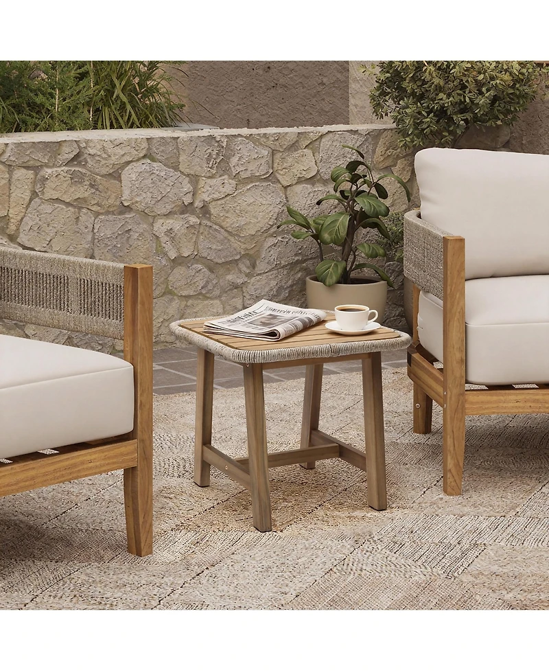 LuxenHome Outdoor Side Table, Acacia Wood Patio End Table with Woven Wicker Trim, Small Outdoor Accent Tables for Patio, Balcony, Garden